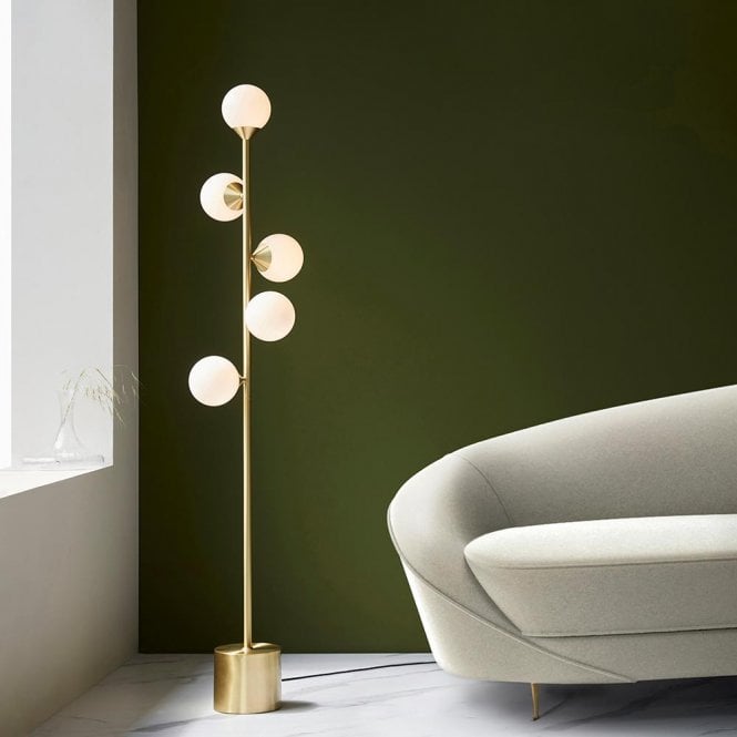 Aspire Lighting Eve Satin Brass Floor Lamp C/W Gloss White Shades