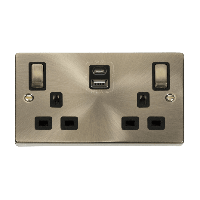 Click Scolmore Antique Brass 2 Gang Socket with Twin Type A & C USB