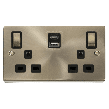 Antique Brass 2 Gang Socket with Twin Type A & C USB