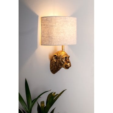 Raul Monkey Wall Light Gold C/W Natural Linen Shade