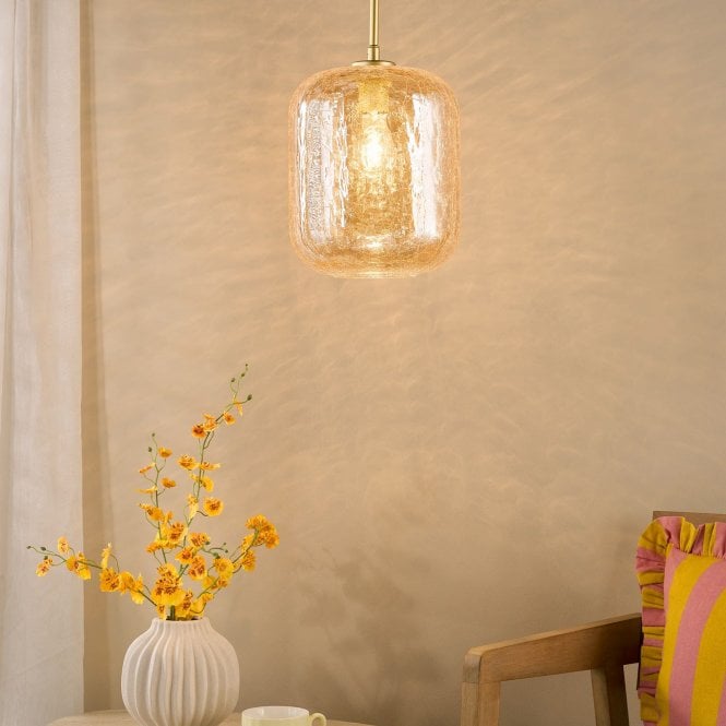 där lighting Tavia Satin Gold Single Pendant with Amber Glass