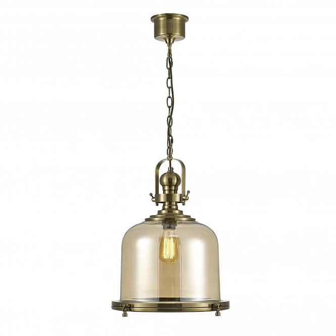 Elate Collection Riley Large Bell Pendant in Antique Brass & Cognac Glass