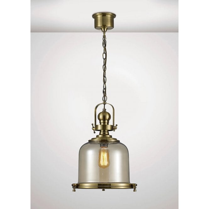 Elate Collection Riley Medium Bell Pendant in Antique Brass & Cognac Glass