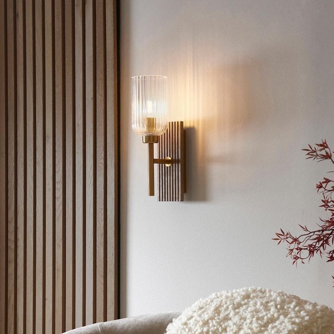 Endon Lighting Grove Walnut Wooden Wall Light with Ribbed Glass