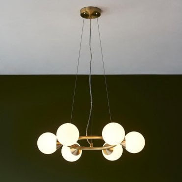 Eve Satin Brass Pendant C/W Gloss White Shades