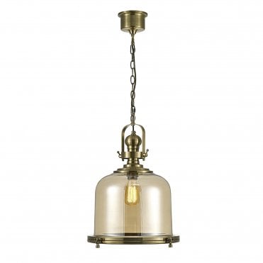 Riley Large Bell Pendant in Antique Brass & Cognac Glass
