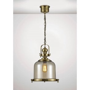 Riley Medium Bell Pendant in Antique Brass & Cognac Glass