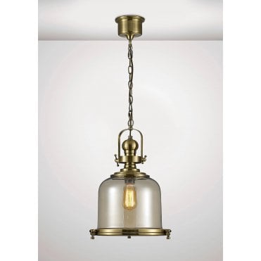 Riley Medium Bell Pendant in Antique Brass & Cognac Glass