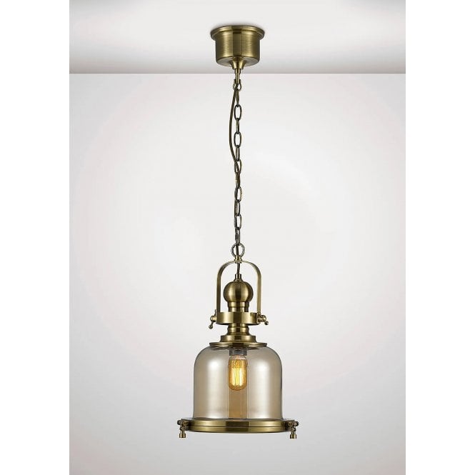 Riley Small Bell Pendant in Antique Brass & Cognac Glass